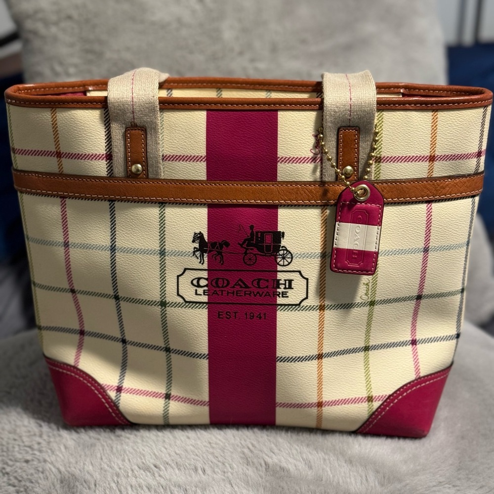 Coach Cream Plaid Tote with Fuchsia Stripe and Tan Trim